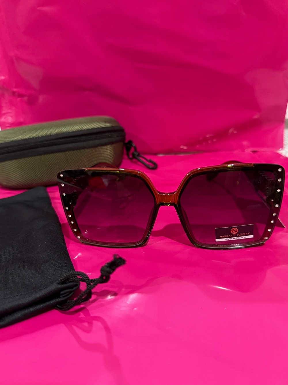 Margaret Josephs oversized square sunglasses green plastic frames rhinestone new